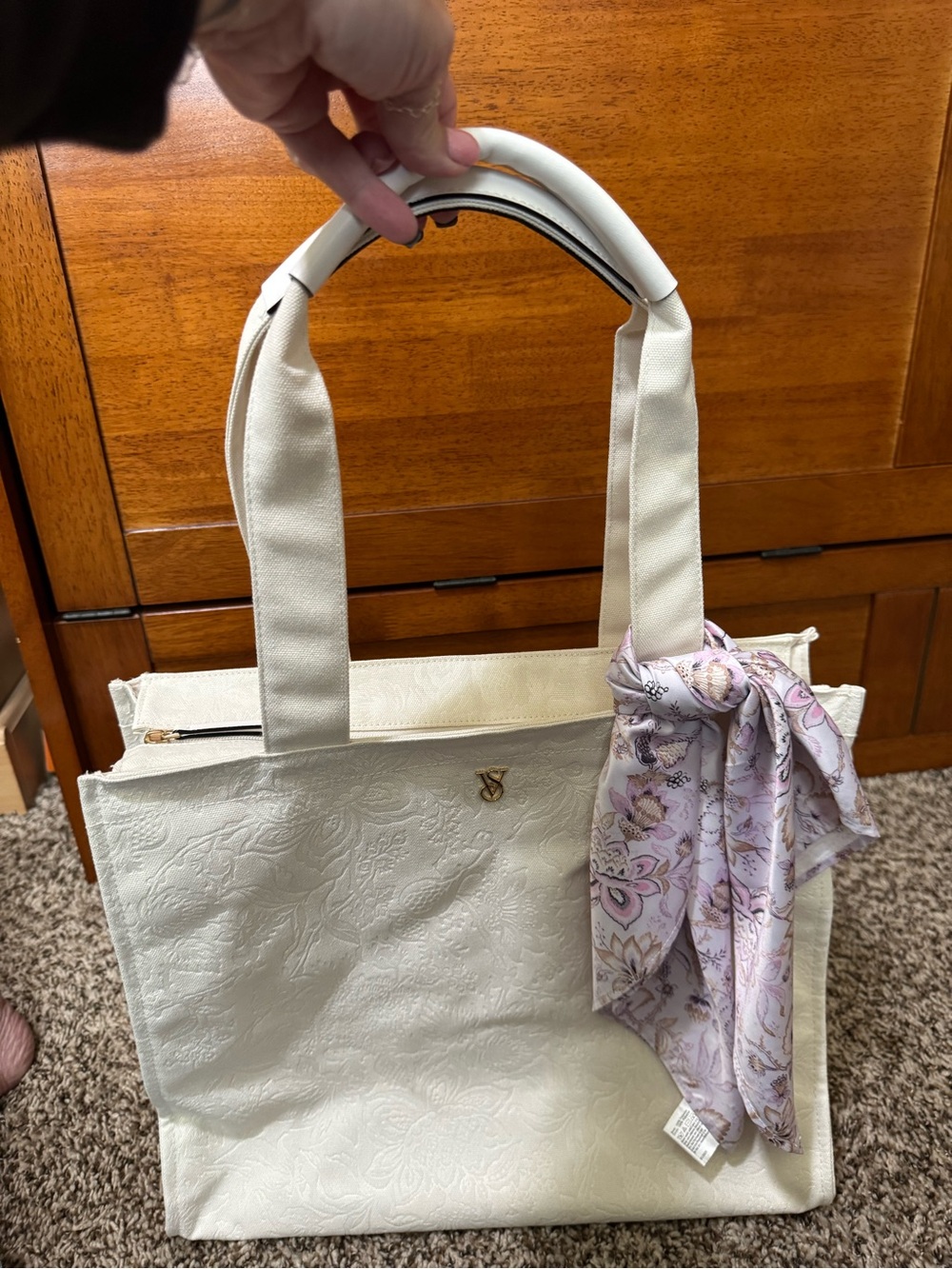 Victoria's Secret Cream Tote with Floral Scarf Accent